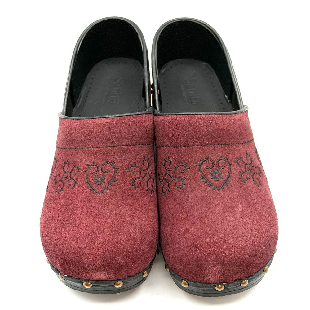 Sanita Danish Clogs Women US9-9.5 EU40 Burgundy Suede Embroidered Heart Studded
